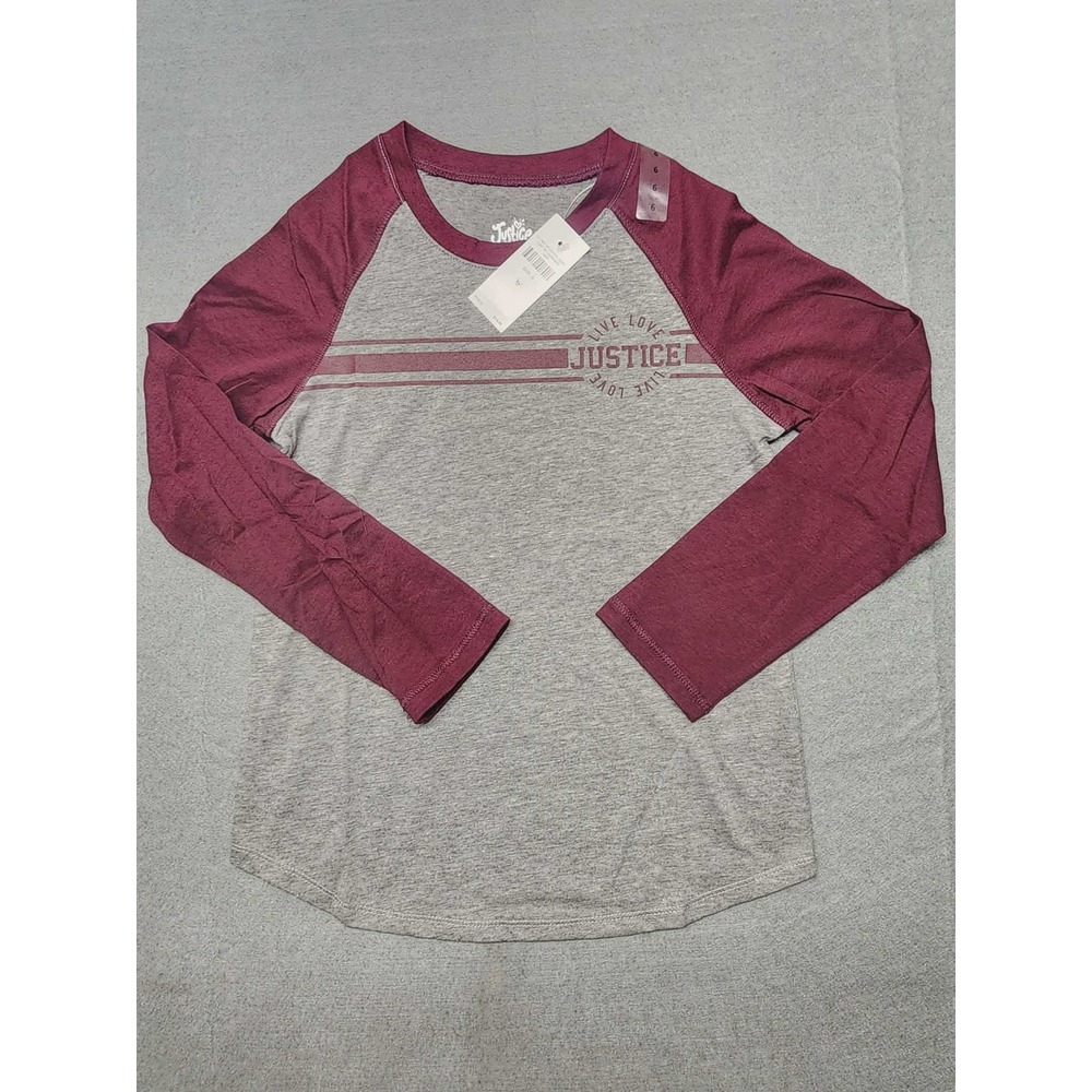 Justice Girls Size 6 Raglan Baseball Tee Grey Burgundy Live Love Justice Graphic